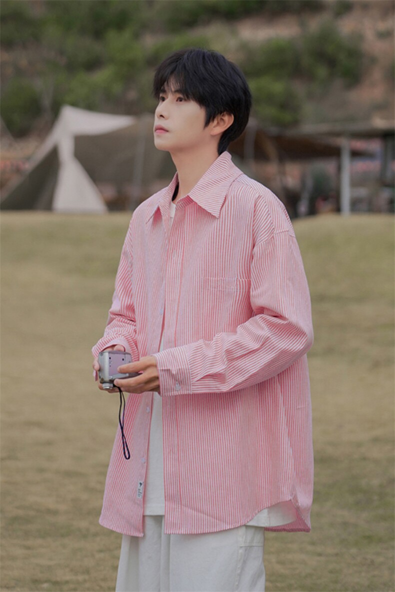 抖音春秋条纹衬衫多色休闲ins风宽松长袖衬衣DX806P45控78,男装衬衫,电商B413-1