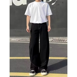 美式高街蛇纹大口袋牛仔裤男秋季vibe潮牌水洗宽松休闲阔腿弯刀裤图片