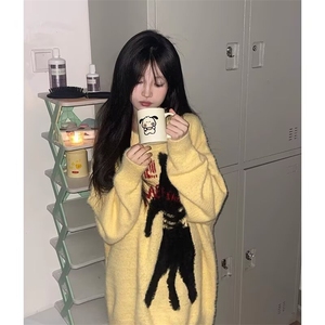 美式街头镂空针织毛衣女夏季猫咪提花宽松水貂绒小众设计感上衣图片