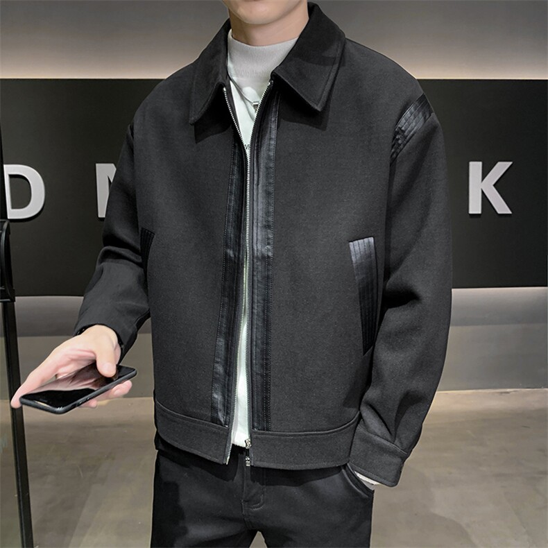 轻熟风高端呢子拼皮宽松韩版外套大衣夹克男A236-JK0812-P130，男装夹克，电商A236