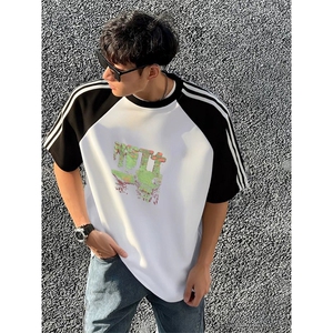 抖音得物品质二开240克宽松纯棉美式潮牌插肩三杠织带短袖T恤图片