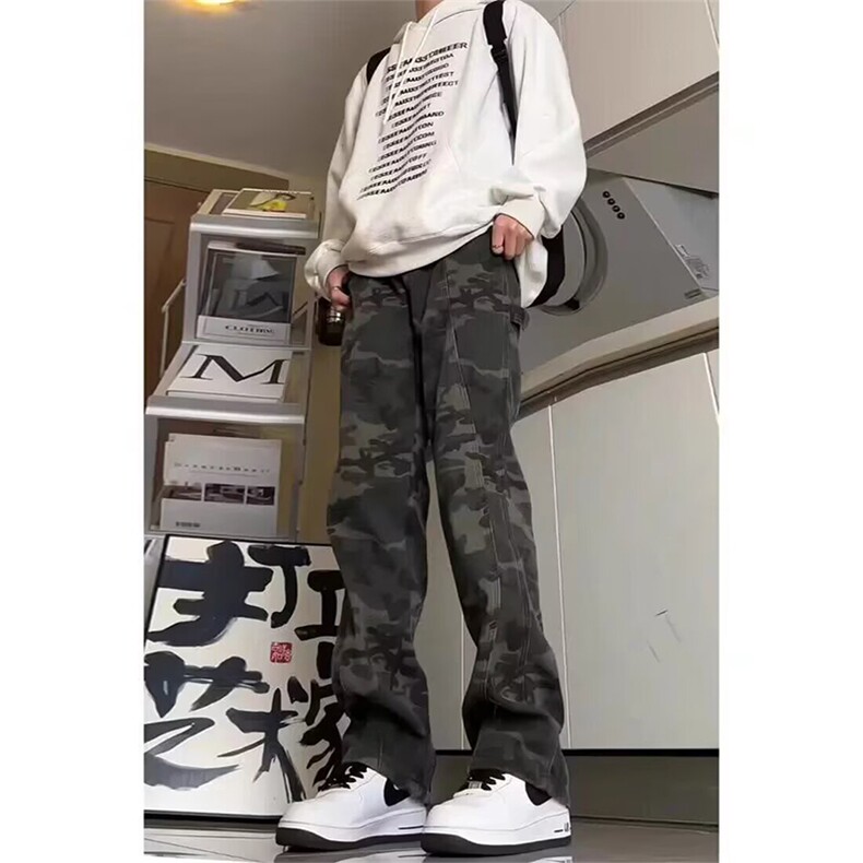 抖音得物美式复古迷彩微喇工装裤男款vibe高街裤子修身牛仔裤AK11图片
