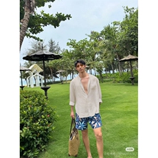老钱风立领亚麻衬衫男士夏季痞帅慵懒松弛感休闲度假防晒衬衣937，男装衬衫，星座710