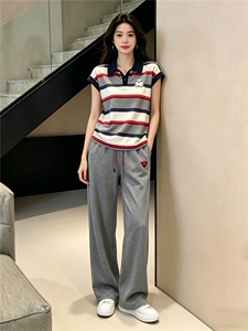 高级感时尚休闲运动套装女夏季新款POLO条纹短袖上衣阔腿裤两件套图片 高级感时尚休闲运动套装女夏季新款POLO条纹短袖上衣阔腿裤两件套图片