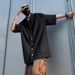 美式双拉链衬衫设计感高级男女情侣装短袖潮日系翻领半袖~S8003图片