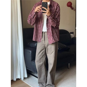 美式复古红色格子衬衫外套男女宽松衬衣休闲新款CS216-P51图片