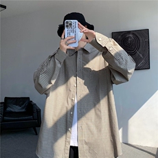 日系复古v无性别格子衬衫男长袖格纹衬衣春秋宽松外套CY1026-P45，男装衬衫，星座412-3