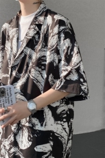 8XL-M冰丝凉感衬衣垂感透气复古花纹宽松男五分袖短袖衬衫CS526，男装T恤，电商D206-1