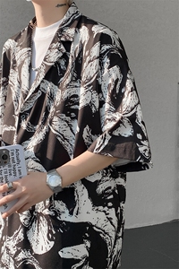 8XL-M 冰丝凉感衬衣垂感透气复古花纹宽松男五分袖短袖衬衫CS526图片