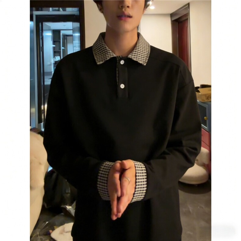 假两件polo衫长袖卫衣男秋季cleanfit格子拼接正肩卫衣T恤,男装T恤,星座506A