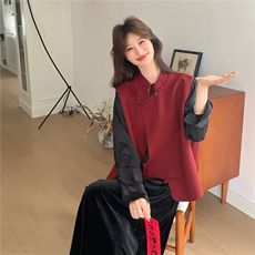 新品档口有货红色风盘扣马甲打底衬衫两件套601-P205-K298，女装套装/套裙，2C126