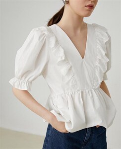 荷叶边V领白衬衫,女装衬衫,喜午