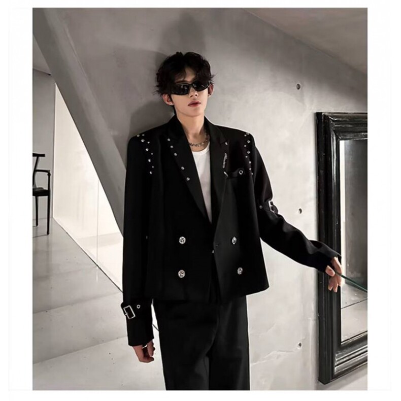 【001】铆钉短款小西装男小众双排扣绑带西服外套A079-XZ114-P69,男装西服套装,电商A079