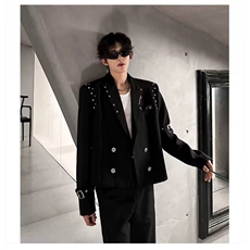 【001】铆钉短款小西装男小众双排扣绑带西服外套A079-XZ114-P69，男装西服套装，电商A079