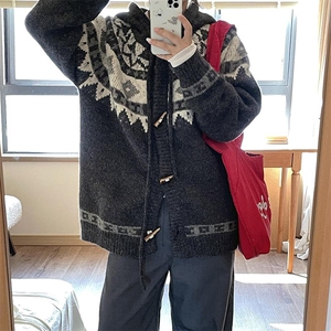 重磅秋冬北极绒开衫毛衣美式复古休闲慵懒风牛角扣针织衫连帽外套图片