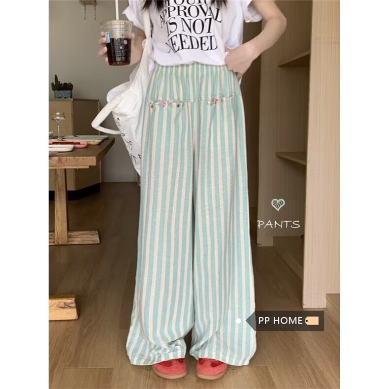 条纹裤女春秋夏季2025新款休闲宽松直筒小个子高腰垂感阔腿裤图片