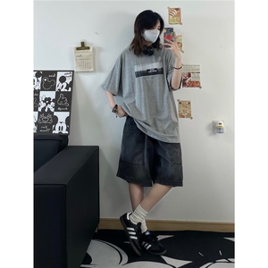 港风设计印花圆领短袖男女休闲insT恤百搭潮情侣小清新五分袖图片