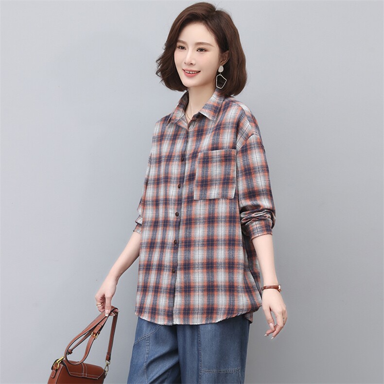 格子衬衫女长袖2025新款春秋季纯棉衬衣中年妈妈小衫上衣,女装衬衫,忆绮罗