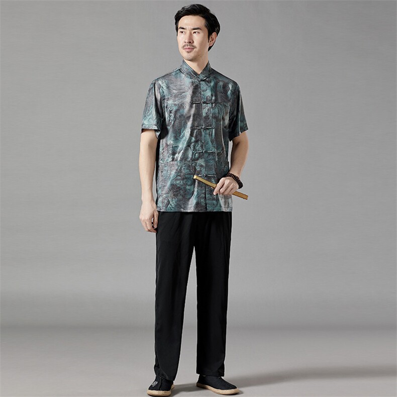 2024新款唐装男夏季风丝绸盘扣爸爸装,男装民族服装,钱塘6003B