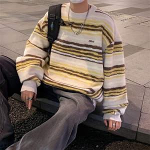 潮牌秋季情侣街头嘻哈宽松休闲彩色条纹外套毛衣NY05603-P52图片
