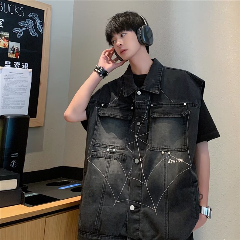 美式高街小众水洗蜘蛛刺绣坎肩牛仔马甲背心J3336P63，男装背心/马甲，星座1116-2