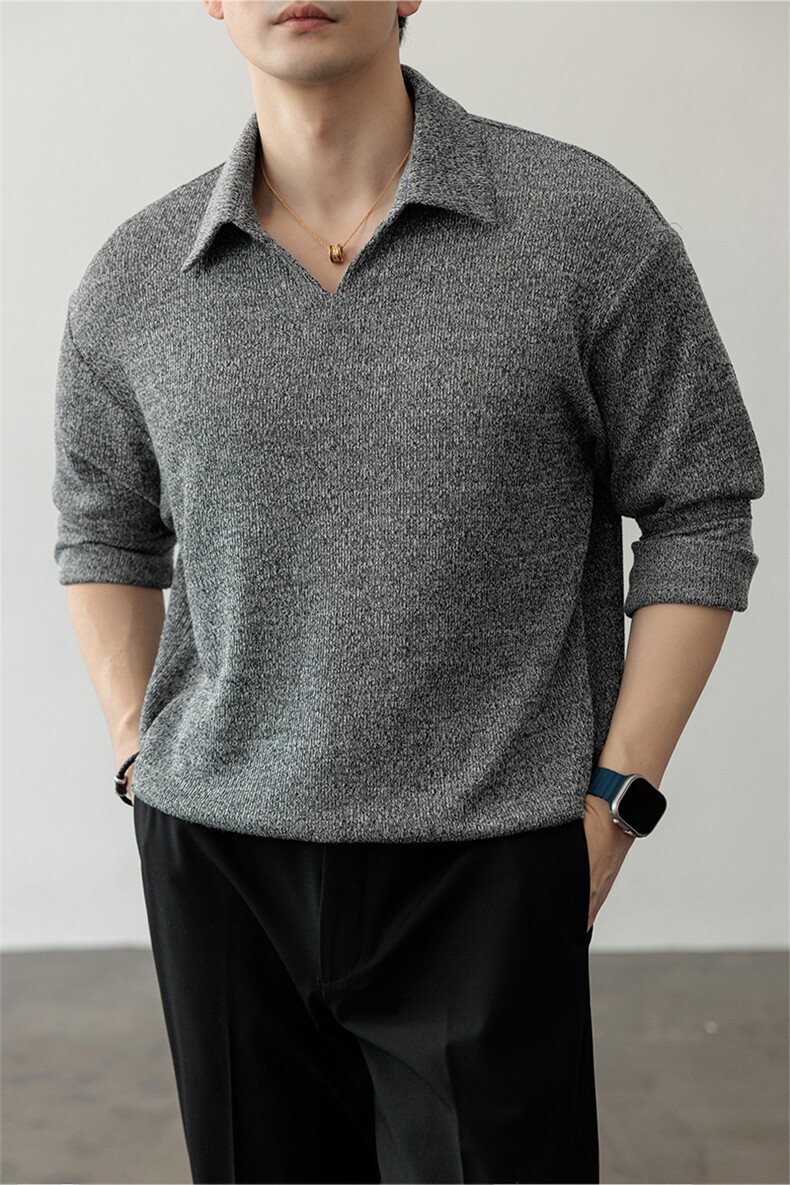 老钱风V领麦穗纹理感翻领宽松长袖T恤打底上衣男T24506-特P43控79,男装T恤,电商A001
