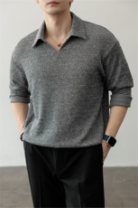 老钱风V领麦穗纹理感翻领宽松长袖T恤打底上衣男T24506-特P43控79，男装T恤，电商A001
