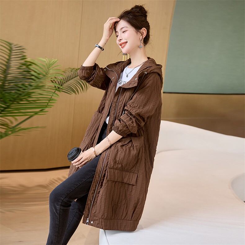 2024春秋新款文艺宽松大码中长款大口袋风衣外套女连帽休闲百搭，女装风衣，玛其路