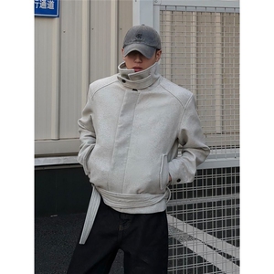 灰色美式正肩绑带毛呢夹克男冬季cleanfit高级感痞帅短款工装外套图片
