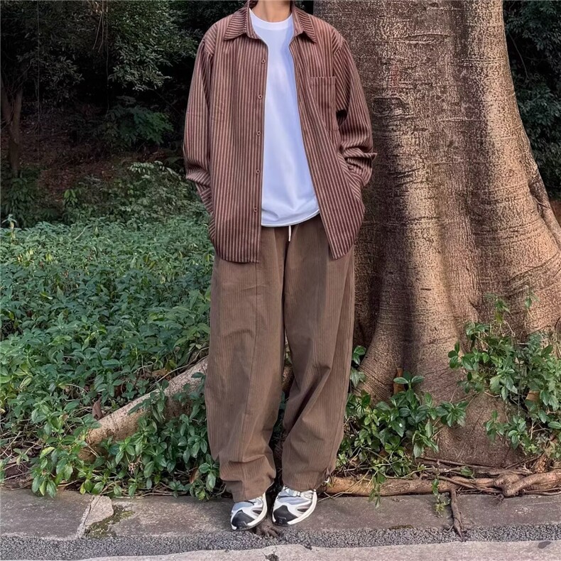 春秋新款日系复古穿搭青少年条纹长袖衬衫男生学院风宽松衬衣外套,男装衬衫,星座506A