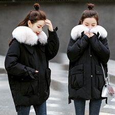 2020冬季新款时尚休闲大毛领棉衣保暖舒适中长款棉服，女装棉衣/棉服，艾尚靓装