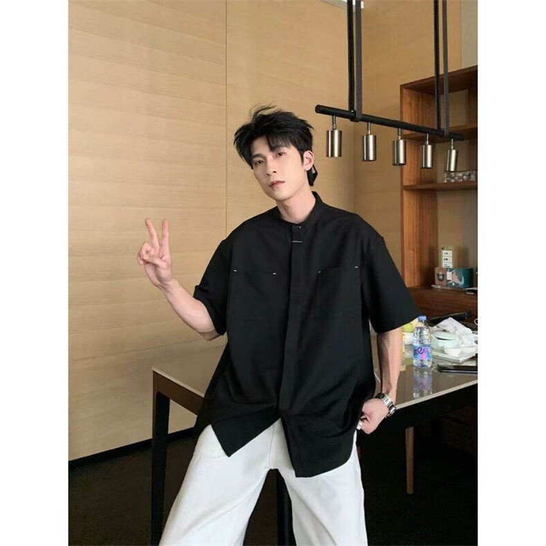 老钱风暗扣短袖衬衫夏季痞帅男生垂感立领中式衬衣上衣CSS12P40，男装衬衫，电商D256-1(原A064-1)