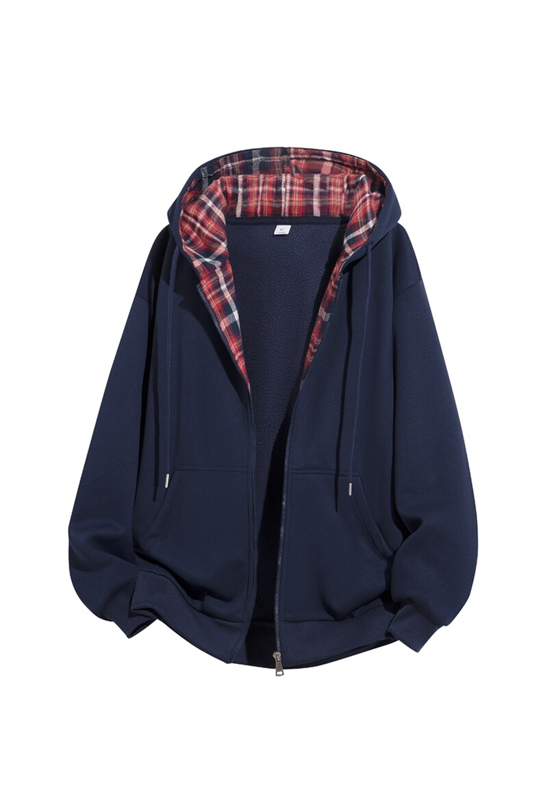 格子开衫连帽卫衣宽松2026冬季潮牌美式加绒外套A436-117-P60,男装卫衣,电商A436