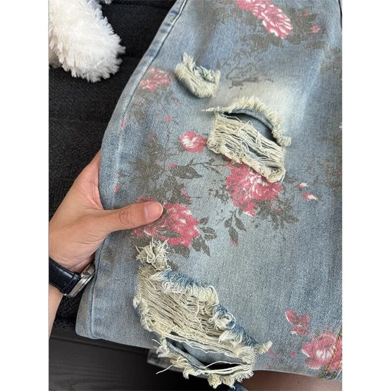 花卉满印牛仔裤男小众设计感破洞直筒微喇裤复古加长高腰显瘦裤子,男装牛仔裤,星座410-7