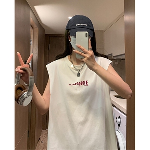 休闲简约印花设计短袖日系男女同款宽松无袖坎肩上衣HY790TP16图片