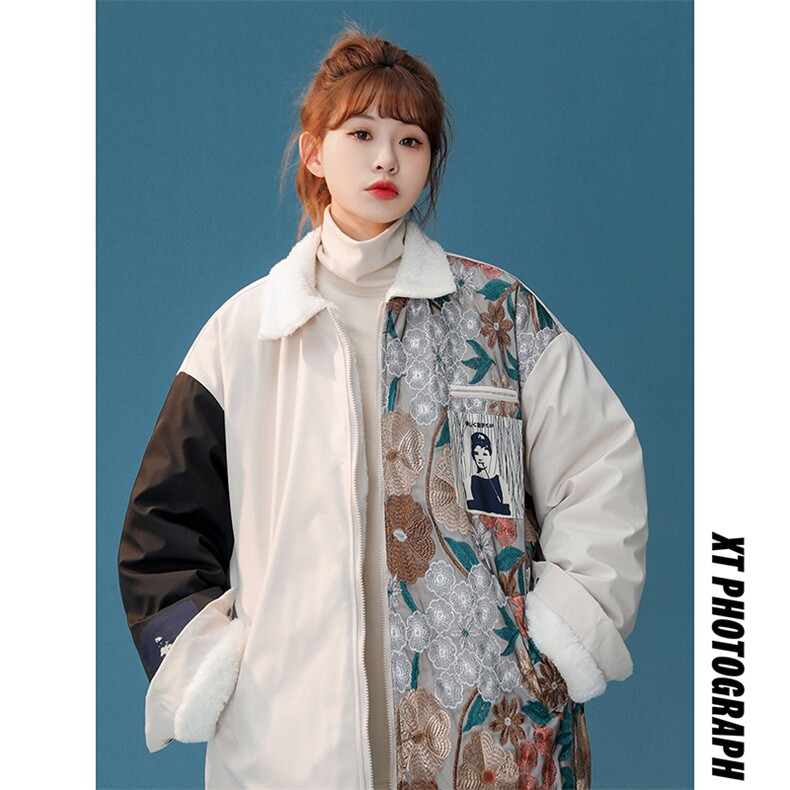 1中性风刺绣拼接翻领羊羔毛大码M-5XL棉服外套女8723P110控148，男装棉衣，星座226-2