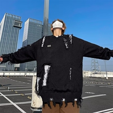 不规则破洞圆领针织衫男秋冬季街头慵懒风宽松情侣毛衣7178，男装针织衫/毛衣，星座506