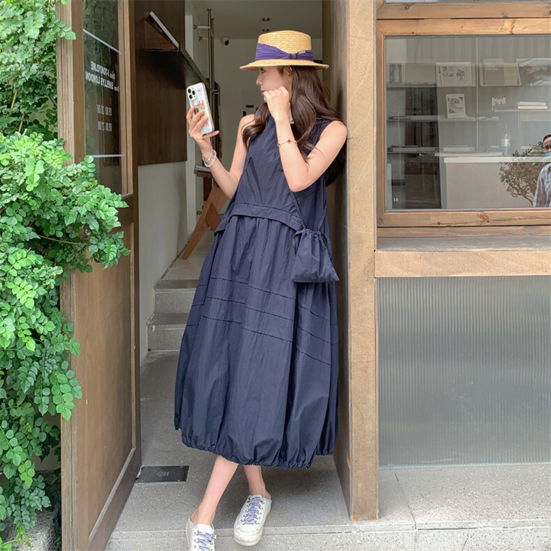 藏青色无袖连衣裙女夏2025新款学院风超火爆款减龄花苞灯笼背带裙,女装连衣裙,浙宝220
