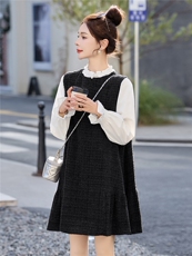 2026年春季新款公主小香风亮丝背心裙配喇叭袖木耳领衬衫两件套，女装套装/套裙，朵莱米