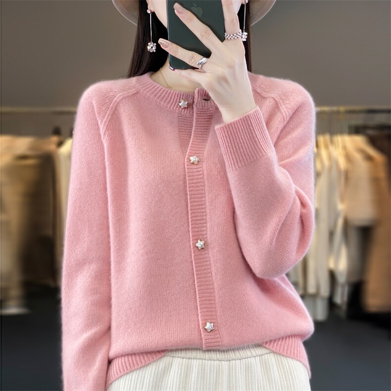 圆领100%羊绒开衫女秋冬新款宽松显瘦羊毛长袖纯色针织毛衣外套,女装羊毛衫,大美人包芯纱店