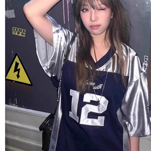 美式运动球衣短袖T恤男夏季潮牌宽松设计感小众情侣百搭撞色上衣图片
