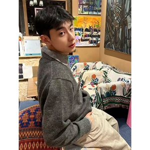 美式复古假两件v领毛衣男款冬季翻领老钱风针织衫上衣外套MY5012图片