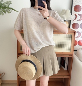 针织短袖女打底半高领百搭蕾丝勾花镂空夏季薄款宽松大码半袖t恤图片