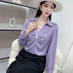 2025秋冬新款V领百搭扭结衬衫女设计感小众长袖衬衣显瘦纯色上衣图片