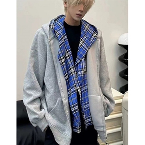 假两件格子开衫卫衣男春秋设计感初秋穿搭慵懒风开衫外套 MY131图片