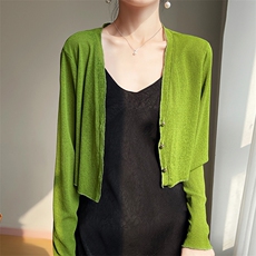 夏季女士轻盈舒适百搭网纱木耳边小开衫，女装蕾丝衫/雪纺衫，圣丽羊绒