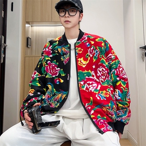 J01男女棒球领夹克外套东北大花汉服开衫左右拼接撞色潮男女图片