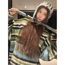 网图有货条纹慵懒风软糯撞色圆领针织毛衣男女A1133-P52帽子P22，男装针织衫/毛衣，星座1505