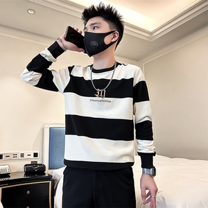 高级感男痞帅圆领条纹卫衣外套社会小伙店主风301C-WY43-P58控78图片