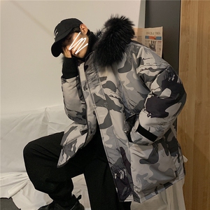 港风2019冬季新款韩版宽松连帽大毛领迷彩棉衣男加厚外套D56图片